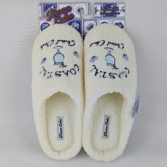 Slipper Umbrella Drink Coastal Social Club Embroider Slip On Ivory L (9/10) NWT - Picture 10 of 12